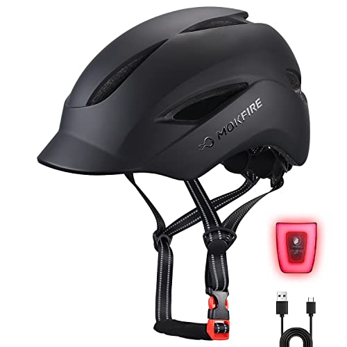 MOKFIRE Adult Bike Helmet with USB Charge Rear Safety Light & Reflective Strap for Men/Women, E Bike Bicycle Helmets with Visor, Urban Commuter Cycle Biking Helmet, Adjustable Size 22.44-24.01 Inches