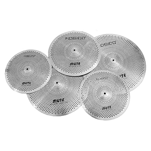 Mute Cymbal Set Low Volume Cymbal Pack Cymbal Set 14'Hi-hat+16"Crash+18'Crash+20"Ride 5 Pieces Silver Drummer Practice Cymbal