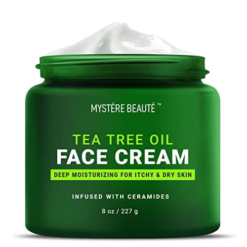 MYSTÉRE BEAUTÉ Tea tree Oil Face Cream Infused with Therapeutic Essential Oils and Vitamin C, Boosts Complexion, Lightens Look of Scars, Soothes Acne, Visibly Reduces Wrinkles - 8 oz