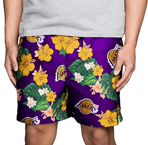 NBA Los Angeles Lakers Mens Team Logo Floral Hawaiian Swim Suit Trunksteam Logo Floral Hawaiian Swim Suit Trunks, Team Color, L/ 31" - 33"