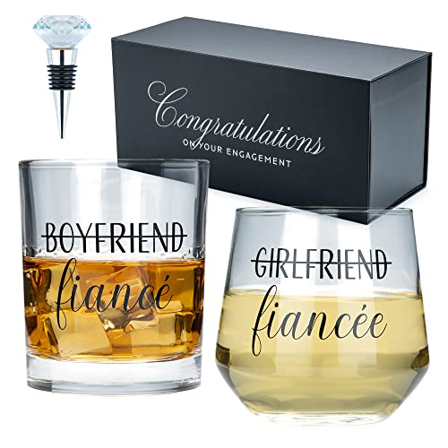 Newlywoo Engagement Gifts for Couples - Boyfriend Girlfriend Wine and Whiskey Glass Fiance Gifts for Him and Her - Newly Engaged Unique Glasses with Diamond Wine Stopper