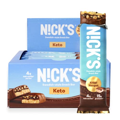 Nick's Swedish-Style Snack Bar, Crispy Nougat (Chocolate), Keto Protein Bar, 15g Protein, Low Carb, Low Sugar, Meal Replacement Bar, Keto-Friendly Snack, 12-Count