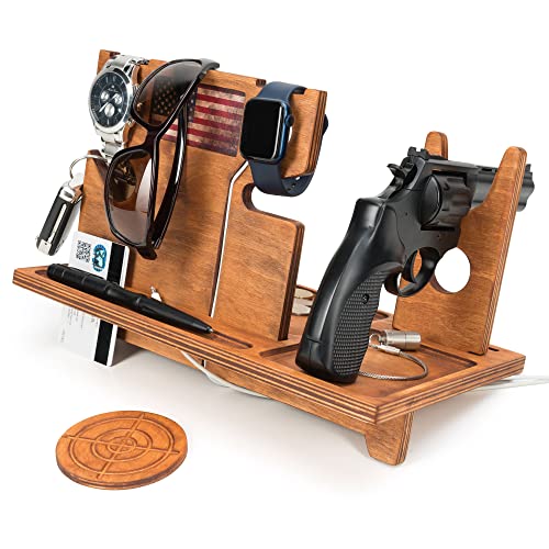 Night Stand Gun Tray Organizer Wood gun holder Hangun safe Pistol stand with Watch charger American Flag EDC tray - Law enforcement Gifts for Police Officers Men Gun concealment décor for gun lovers
