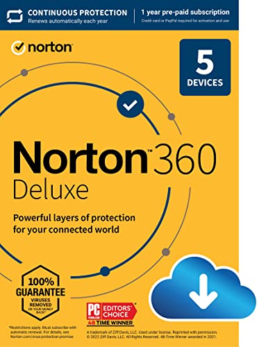 Norton 360 Deluxe, 2023 Ready, Antivirus software for 5 Devices with Auto Renewal - Includes VPN, PC Cloud Backup & Dark Web Monitoring [Download]