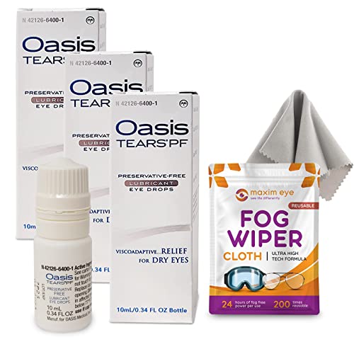 Oasis TEARS Preservative-Free Lubricant Eye Drops Relief for Dry Eyes, 3 Bottles of 0.34 Ounce Each (Total 30ml) - Bundled with 1 Reusable Anti Fog Cloth for Eyeglasses