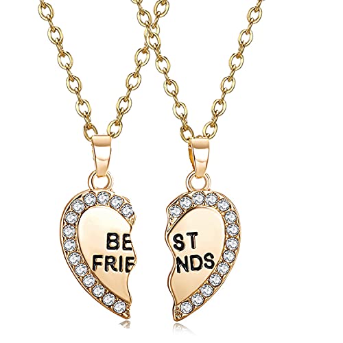 ODETOJOY Best Friends Necklace for 2 BFF Broken Heart Necklace Gold Rhinestone Bestfriends Engraved Letters Pendant