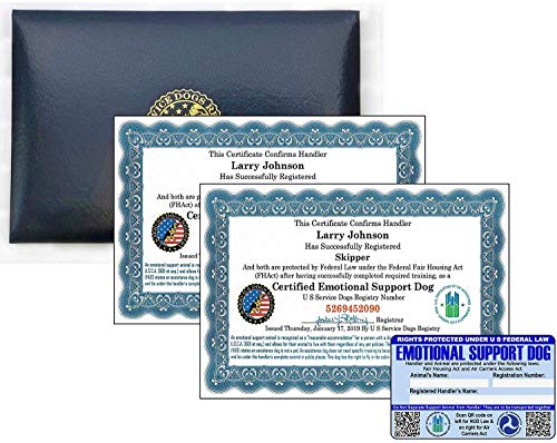 Official Certified Leather Presentation Folder & Fully Customized Set of 2 Certified Emotional Support Dog Certificates & 1 Dog Information Card | Includes Free Registration
