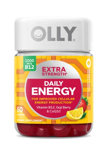 OLLY Extra Strength Daily Energy Gummy, Caffeine Free, 1000mcg Vitamin B12, CoQ10, Goji Berry, Adult Chewable Supplement, Berry Yuzu Flavor - 60 Count