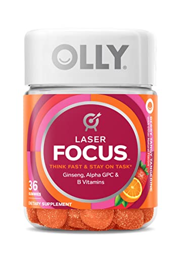 Olly Laser Focus Gummy 18 Day Supply Gummies Ginseng Alpha GPC B Vitamins Chewable Supplement, Berry Tangy Tangerine, 36 Count