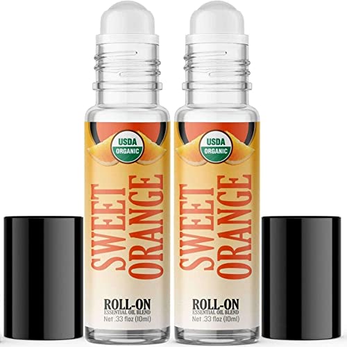 Organic Sweet Orange Roll On Essential Oil Rollerball (2 Pack - USDA Certified Organic) Pre-diluted with Glass Roller Ball for Aromatherapy, Kids, Children, Adults Topical Skin Application - 10ml