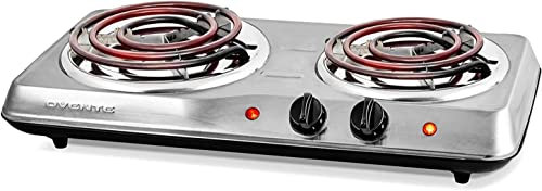 Ovente Electric Double Coil Burner 6 & 5.75 Inch Hot Plate Cooktop with Temperature Control and Easy to Clean Stainless Steel Base, 1700W Portable Countertop Stove for Home or Dorm, Silver BGC102S