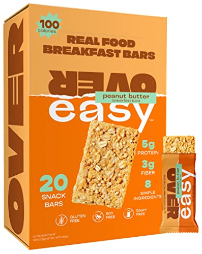 OVER EASY Peanut Butter Mini Breakfast Bars (20ct) 100 Calorie Snack Bars - All Natural Mini Snacks with 5g Protein & 3g Fiber- Dairy Free, Soy Free, Gluten Free Bars