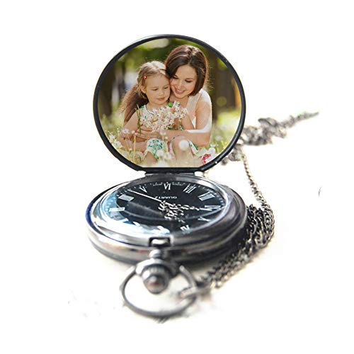 Personalized Pocket Watch Custom Photo Pocket Watch with Chain for Men/Women Engraved with Any Words, A Great Gift for Father and Boyfriend. (Black)