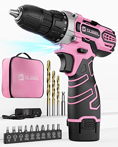 Pink Drill, OUBEL 12V Pink Cordless Drill Set, Pink Drill Set for Women, Power Drill, 2.0AH Battery, 18+1 Torque Setting, 3/8" Keyless Chuck, 2 Variable Speed, 15Pcs Driver/Drill Bits and Storage Bag