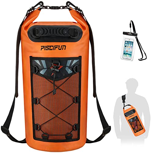 Piscifun Dry Bag, Waterproof Floating Backpack with Waterproof Phone Case for Kayking, Boating, Kayaking, Surfing, Rafting and Fishing, Orange 10L