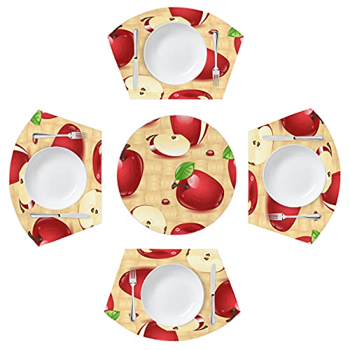 Placemats for Round Tables Set of 5 Delicious Apple Pattern 4 Wedge Table mats 1 Round Table mats Washable Heat Resistant Non-Slip Dining Table for Kitchen Outdoor Modern Placemat