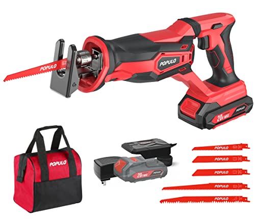 POPULO Cordless Reciprocating Saw, 20V MAX 2.0Ah Battery Power Saw, Electric Saws All Saw for Wood, Trees, or Metal Cutting, Cordless Sawzall with Battery and Charger