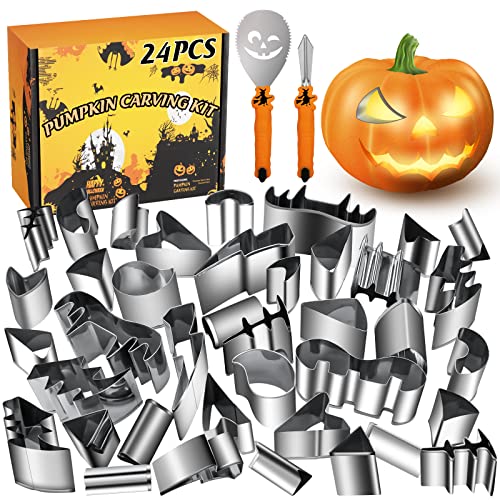 Pumpkin Carving Kit Halloween, WANNTS Safe and Easy Pumpkin Carving Set for Kids, DIY Stainless Steel Pumpkin Carving Tools for Halloween Decoration Jack-O-Lanterns, Gift for Halloween(24 Pieces)