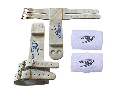 QALARO Double Buckle Grips for Girls Gymnastics | Dowel Grips, 4" White Wristbands, Grip Bag | Gymnastics Grips for Girls | Youth Bar Grips | Gymnastics Gloves