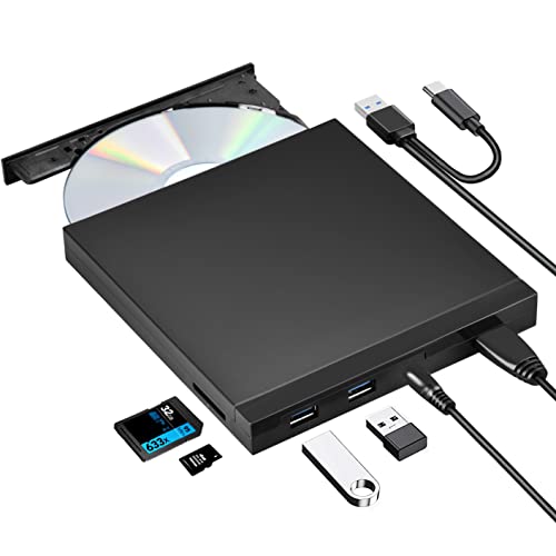 ROOFULL External CD DVD +/-RW Drive with SD Card Reader and USB Ports, USB 3.0 Type-C CD ROM DVD Disk Drive Player Burner Portable for Laptop Mac PC Windows 11/10/8/7 Computer MacBook Pro/Air Linux OS