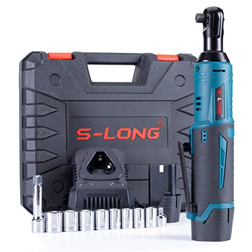 S-LONG Cordless Electric Ratchet Wrench Set, 3/8" 400 RPM 12V Power Ratchet Driver with 10 Sockets, 2000mAh Lithium-Ion Battery and 60-Min Fast Charge