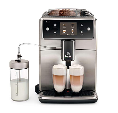 Saeco super-automatic espresso coffee machine with an adjustable grinder, double boiler, for brewing espresso, cappuccino, latte & flat white. SM7685 Xelsis