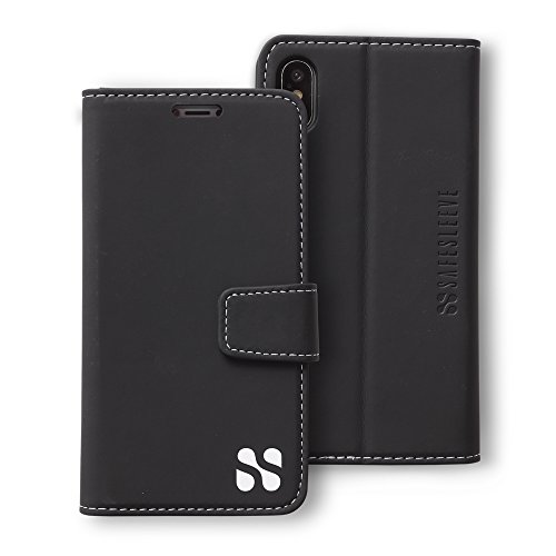 SafeSleeve EMF Protection Anti Radiation iPhone Case: iPhone X & iPhone Xs RFID Card Holder Blocking Wallet, Adjustable Stand Cell Phone Case, Vegan Leather for Women & Men (Black)