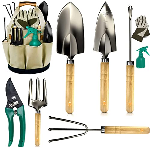 Scuddles Garden Tools Set - 9 Piece Heavy Duty Gardening Tools wIith, Ergonomic Hand Digging Weeder, Rake, Shovel, Trowel, Sprayer, Gloves Gift for Men & Women Upgraded 2020 Version