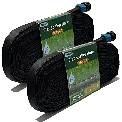 Secbulk Soaker Hose For Garden 100ft 50ftX2 1/2" Drip Hose Linkable Consistent Irrigation Hose Save 80% Water, Leakproof Kink Free Double Layer Flat Soaker Hose for Garden Bed Foundation