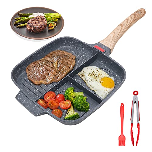 Sectional Skillet, Grill Pans for Stove Tops Nonstick 3 Section Breakfast Pan Meal Skillet Griddle Divided Pan, with Silicone Brush & Clip, 10.5”