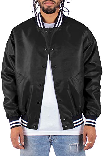 Shaka Wear Men’s Bomber Jacket – Classic Padded Relaxed Fit Water Resistant College Baseball Varsity Coat VBJ02 Black 1XL