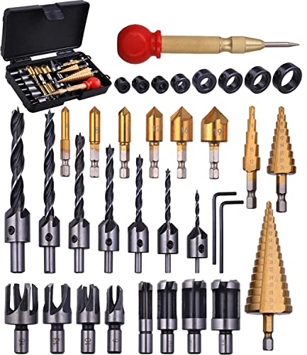 SHITIME 34 Pack Wood Working Chamfer Drilling Tools, 6 Countersink Drill Bit Set, 7 Counter Sinker Drill Bit Set, 8 Plug Cutters for Wood, 8 Drill Stop Bit Collar Set and 3 Step Drill Bits.