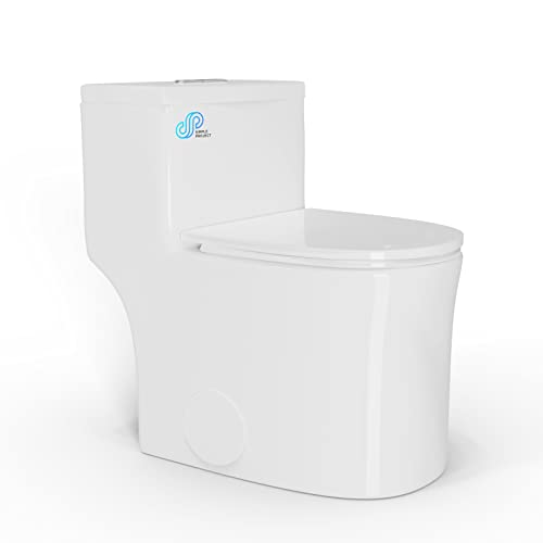 Simple Project Elongated One Piece Toilet For Small Bathroom Space, With Soft Closing Seat & Dual-flush System | 16.5'' Compact Modern White One Piece Toilet (Pre-installed)