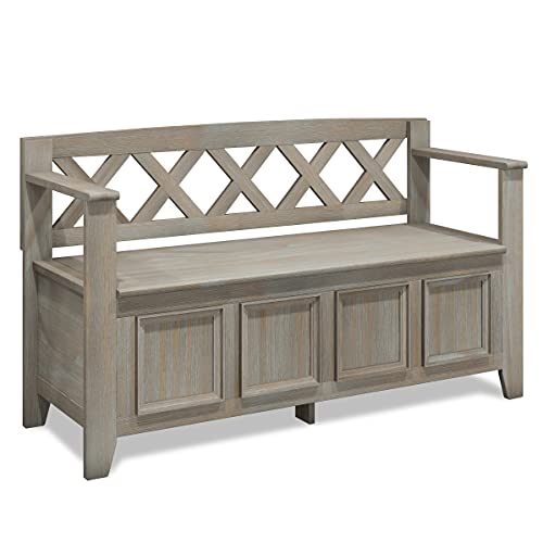 SIMPLIHOME Amherst SOLID WOOD 48 inch Wide Entryway Storage Bench with Safety Hinge, Multifunctional Transitional in Distressed Grey