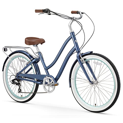 sixthreezero EVRYjourney Women's 7-Speed Step-Through Hybrid Cruiser Bicycle, 26" Wheels and 17.5" Frame, Navy with Brown Seat and Grips (630035)