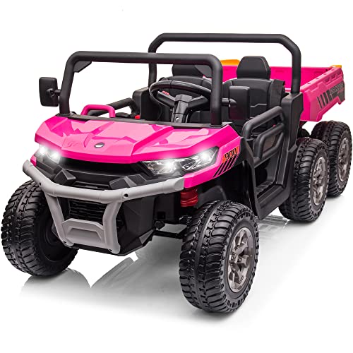 sopbost 6X6 24V 2 Seater Kids UTV with Dump Bed Battery Powered Ride On Toys Car with Remote Control 4WD Electric Side by Side Buggy Off-Road Vehicle, USB, AUX, Rose Pink