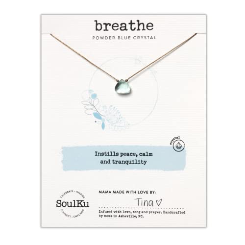 SoulKu Soul Shine Handmade Necklace, Empowering Jewelry With Healing Crystal, Inspirational Jewelry For Women, Mom & Sister, 2"" Extender With Lobster Clasp, 16"" Nylon Cord (Powder Blue, Breathe)