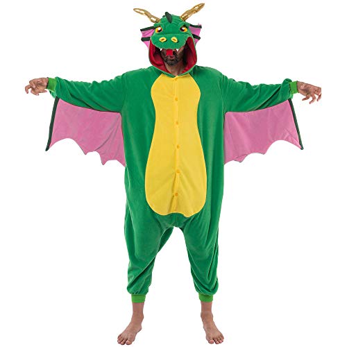 Spooktacular Creations Unisex Adult Pajama Plush Onesie Pajamas One Piece Dragon Costume with Hat and Pink Wings for Dress Up Party Role Playing Themed Parties Halloween Costume (Small)