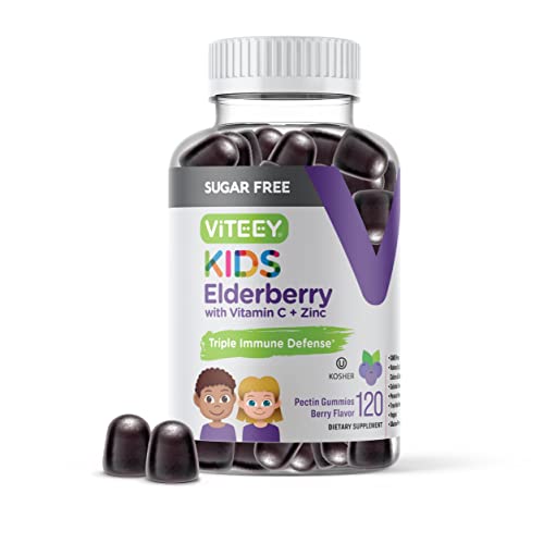 Sugar Free Sambucus Black Elderberry Gummies for Kids & Toddlers [3 in 1 Natural Immune Booster] with Vitamin C & Zinc - Vegan, Gluten Free, Non GMO - Tasty Chewable Berry Flavored Gummies