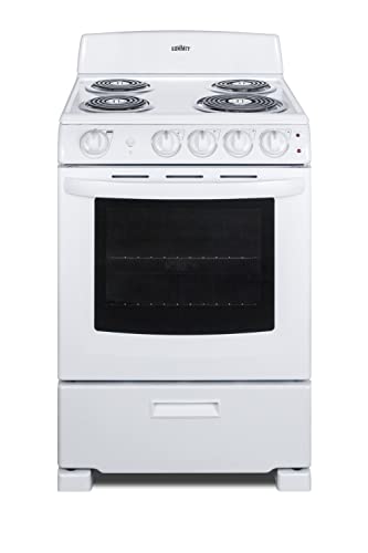 Summit Appliance RE2411W 24" Wide Electric Range in White Finish with Coil Burners, Lower Storage Compartment, Four cooking Zones, Indicator Lights, Oven Light, Backsplash and Oven Window