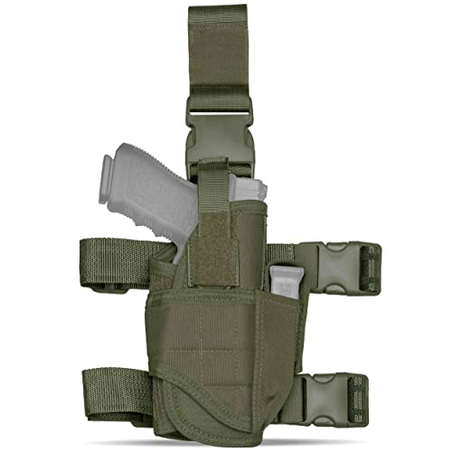 Tacticon Universal Drop Leg Holster | Combat Veteran Owned Company | Tactical Thigh Holster with Mag Pouch | 500D Nylon Adjustable 1911 Gun Holster Fits Any Size Pistol (Left-Handed, OD Green)