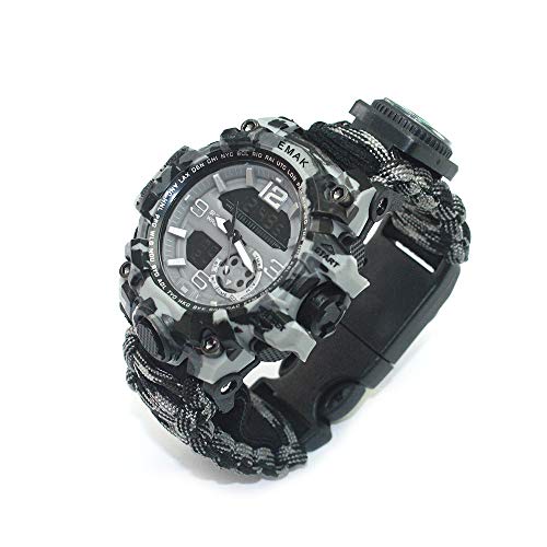 TecHong Sports Survival Bracelet Watch, 6 in 1 Outdoor Emergency Waterproof Wristband First Aid Tools with Paracord, Compass, Thermometer, Whistle, Screwdriver for Camping & Adventure