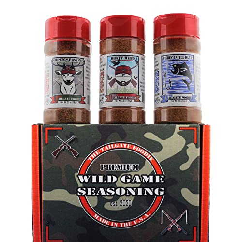 THE TAILGATE FOODIE Rare Wild Game Seasonings | Hunter’s Edition | Sportsman Gift Set | 3 Flavor Packed Blends Perfect for Wild Game, Game Birds & Wild Caught Fish; Recipes for Venison, Elk, Bison, Bear, Pheasant, Duck, Quail, Cod, Shrimp, White Fish **Great Gift**