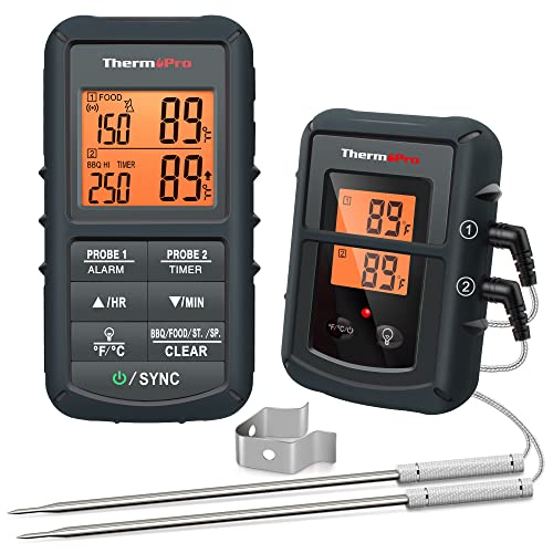 ThermoPro TP08B 500FT Wireless Meat Thermometer for Grilling Smoker Oven BBQ Grill Thermometer with Dual Probe, Backlight, Alert & Timer, Digital Kitchen Food Thermometer for Cooking, Gray