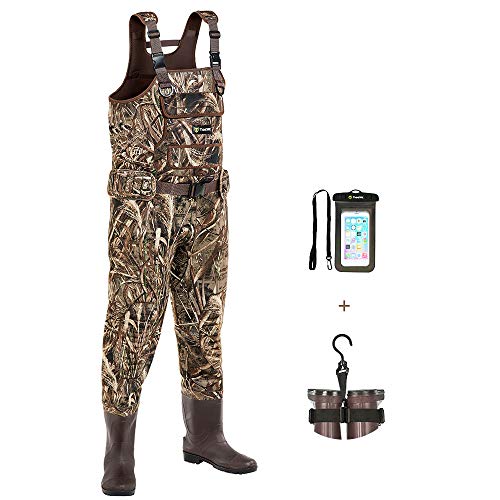 TIDEWE Chest Waders with Boots Hanger for Men, Realtree MAX5 Camo Waterproof Fishing Bootfoot Waders, Neoprene Chest Waders for Hunting with Removable Shell Holder Belt (Size 10)