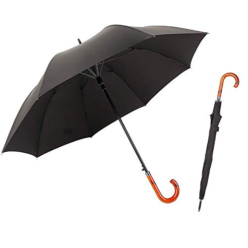 TIME LOVER Stick Umbrella Oversize Windproof Umbrella Wooden Hook Handle J Stick Automatic Open Fast Drying Umbrella for Men Women(Black)