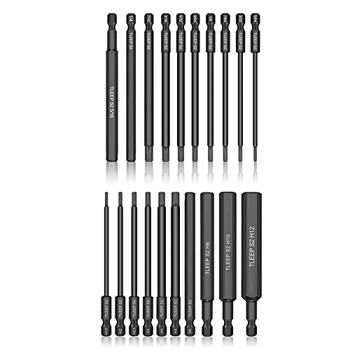 TLEEP 20 x 1/4 Inch Hex Head Allen Wrench Drill Bits 100MM Long, SAE 5/16” to 5/64” & Metric 12mm to 1.5mm, S2 Steel Magnetic Tips Screwdriver Socket Bit Set for Ikea Type Furniture