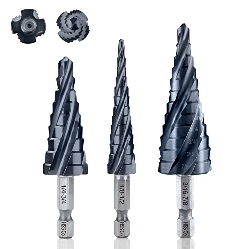 TOOLANT Four Spiral Flute Cobalt Step Drill Bit Set(Pro Max), 1/8"-7/8"(3pcs) Impact Ready Four-Flute Step Bit, 1/4" Hex Shank Unibit Step Bit for Metal, Stainless Steel, Aluminum, Wood, Plastic