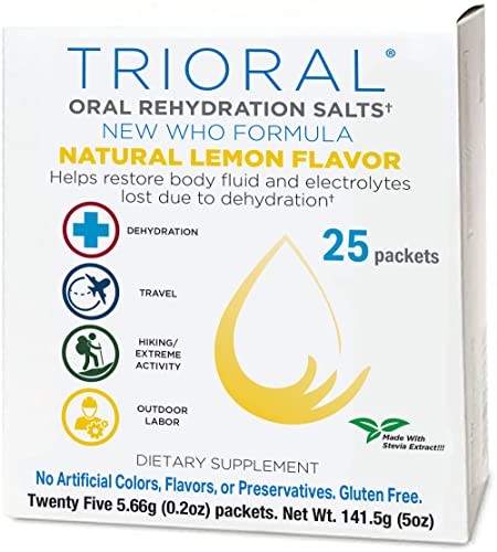 TRIORAL Lemon Rehydration Powder - WHO Hydration Supplement Electrolyte Salts Formula - Combat Dehydration from Workouts, Food Poisoning, Fluid Loss and More - 25 Drink Mix Packets