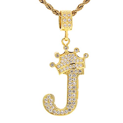 UALGL A-Z Letters Necklace Crown Necklace for Men Women 18K Gold Plated Letters Pendants with 23'' Chain Hip Hop Alphabet Name Jewelry Mom Gifts (Yellow-J)